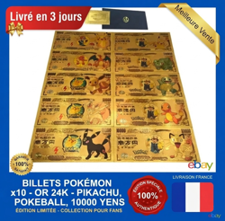 Pack 10 Billets Pokemon Or 24K Pikachu Collection - Cadeau Fan Rare - France FR - Image 1