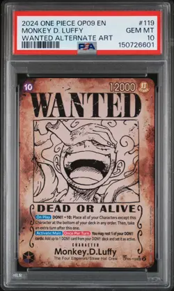 2024 One Piece OP09 En #119 Monkey D. Luffy Wanted Alternate Art PSA 10 GEM MINT - Image 1