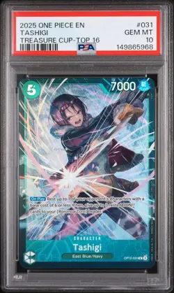 2025 ONE PIECE PROMOS TREASURE CUP-TOP 16 #031 TASHIGI PSA 10 - Image 1