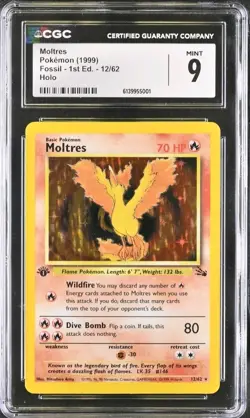 Pokemon Fossil 1st Edition Holo Rare Moltres 12/62 CGC 9 MINT - Image 1