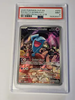 2025 POKEMON DESTINED RIVALS POKEMON CENTER ETB TEAM ROCKET'S WOBBUFFET PSA 9 - Image 1