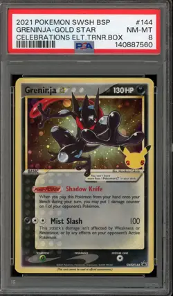 Pokemon Greninja Gold Star Celebrations ETB Black Star Holo Promo SWSH144 PSA 8 - Image 1