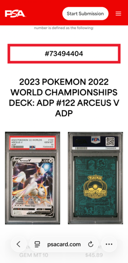 2023 Pokemon 2022 World Championships Deck ADP ARCEUS V #122 PSA 10 - Image 3