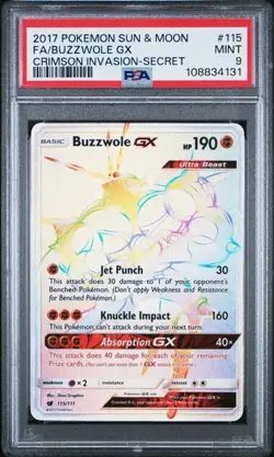 PSA 9 BUZZWOLE GX 115 CRIMSON INVASION RAINBOW ULTRA BEAST SUN & MOON POKEMON - Image 1