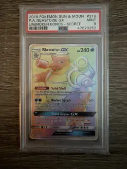 PSA 9 Blastoise GX Secret Rainbow FA 2019 Pokemon TCG S&M Unbroken Bonds 218 - Image 1