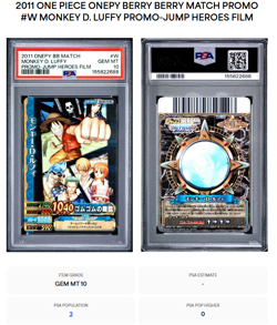 POP 3- 2011 One Piece Onepy BB Match Monkey D. Luffy Promo Jump Heroes TCG PSA10 - Image 3
