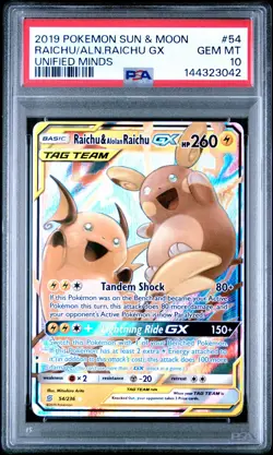 2019 RAICHU & ALOLAN RAICHU GX 54/236 UNIFIED MINDS POKEMON PSA 10 - Image 1