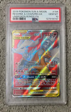 2019 Pokemon Sun & Moon Unbroken Bonds FA #194 Reshiram Charizard Gx PSA 10 - Image 1