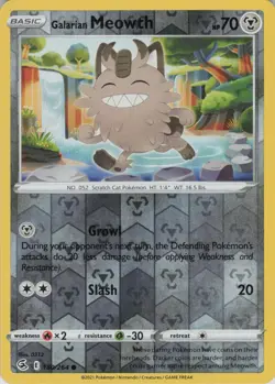 Galarian Meowth 180/264 Common Fusion Strike Pokemon Reverse Holo Near Mint - Image 1