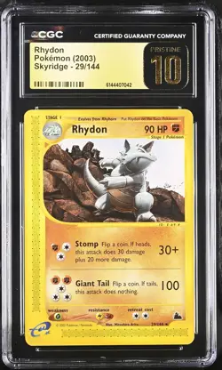 2003 Skyridge Rhydon 29/144 CGC PRISTINE 10 Pokemon - Image 1