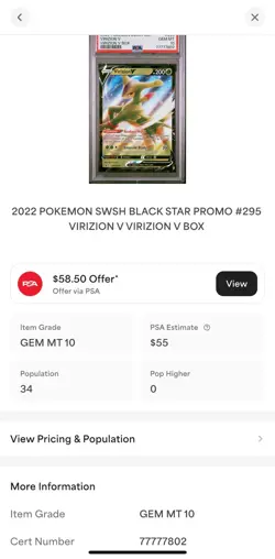 PSA 10 Pokemon - Virizion V - Sword and Shield Black Star Promo SWSH295 Low Pop - Image 4