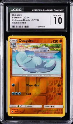 2019 POKEMON UNBROKEN BONDS REVERSE HOLO #97/214 QUAGSIRE CGC 10 GEM MINT - Image 1
