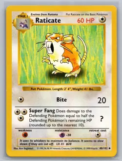 Raticate 40/102 LP Base Set Shadowless Unlimited Pokemon - Image 1