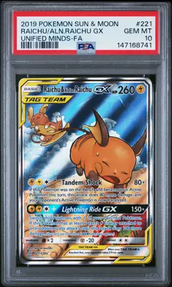 2019 POKEMON SUN & MOON UNIFIED MINDS FULL ART/RAICHU & ALOLAN RAICHU GX PSA 10 - Image 1
