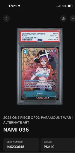 PSA 10 GEM MINT - NAMI ALTERNATE ART OP02-036 - One Piece Paramount War - Image 3