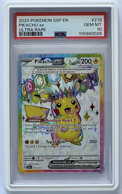 Pokemon Pikachu ex Ultra Rare #219 – PSA 10 GEM MINT – Surging Sparks /w Gaurd - Image 1