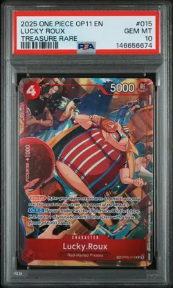 2025 ONE PIECE OP11-A FIST OF DIVINE SPEED TREASURE RARE #015 LUCKY ROUX PSA 10 - Image 1