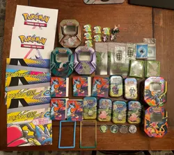 Pokemon TCG - Accessories LOT (Tins, Posters, Sleeves, Mini-Binders, Pins, Pogs) - Image 1