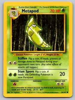 Metapod 54/102 Common Base Set Unlimited Pokemon Lightly Played - Image 1