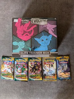Pokemon Evolving skies etb sealed minor plastic tear + 3 packs + 1 next destiny 820650808944 - Image 1