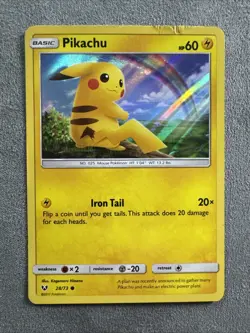 2017 Pikachu Holo Pokemon Trading Card 28/73 Holo Pikachu Card Rainbow - Image 1