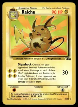Raichu #29 - Pokemon Fossil Base Set - Unlimited Rare WOTC - LP - Image 1