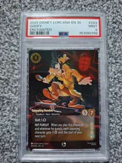 2025 DISNEY LORCANA EN 10-ENCHANTED #223 GOOFY - GALUMPHING GUMSHOE PSA 9 - Image 1
