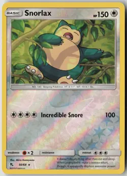 Snorlax 50/68 Rare Hidden Fates Pokemon Reverse Holo Lightly Played - Image 1