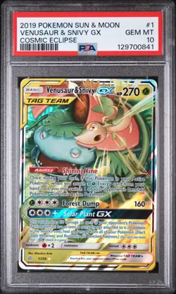 PSA 10 Venusaur & Snivy GX 1/236 Cosmic Eclipse 2019 Tag Team Pokemon Card - Image 1