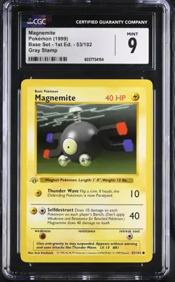 CGC 9 Magnemite 1999 Base Set 1st Edition 53/102 Gray Stamp Pokemon Card - Image 1