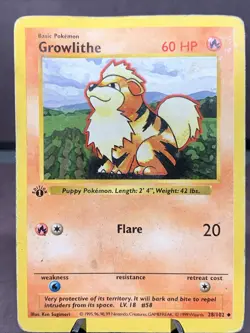 Pokemon TCG 1st Edition Growlithe 28/102 Base Set Shadowless WOTC VTG HP Creased - Image 1