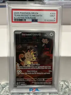 2025 Pokemon DRI EN Team Rocket’s Meowth #203 Illustration Rare PSA 9 - Image 1