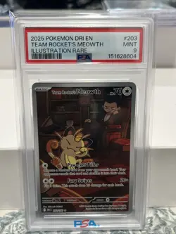 2025 Pokemon DRI EN Team Rocket’s Meowth #203 Illustration Rare PSA 9 - Image 3