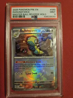 2025 POKEMON PRE EN-MASTER BALL REVERSE HOLO #080 DUDUNSPARCE PSA 9 - Image 1