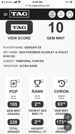 2024 Pokemon Temporal Forces Gengar ex #193 2nd best overall TAG Gem Mint 10 - Image 3