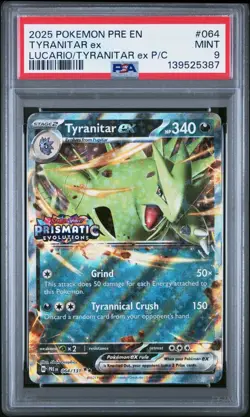 2025 POKEMON PRISMATIC EVOLUTIONS 064 TYRANITAR STAMPED EX PSA 9 MINT - Image 1