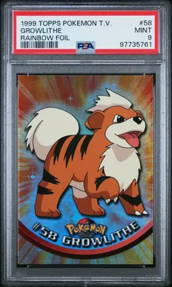 PSA 9 MINT 1999 TOPPS POKEMON TV #58 GROWLITHE RAINBOW FOIL TRADING CARD - Image 1