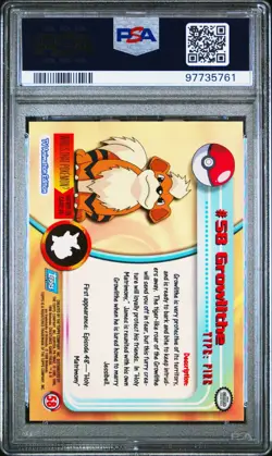 PSA 9 MINT 1999 TOPPS POKEMON TV #58 GROWLITHE RAINBOW FOIL TRADING CARD - Image 2