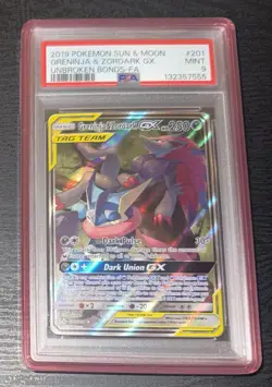 PSA 9 Pokemon 2019 Unbroken Bonds Greninja & Zoroark GX Alt FA 201/214 “Mint” - Image 1
