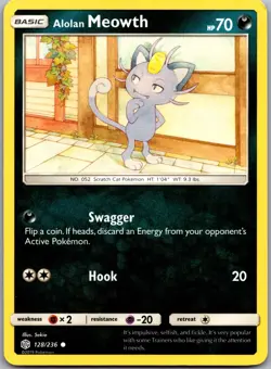 Alolan Meowth 128/236 Common Cosmic Eclipse Pokemon Near Mint - Image 1