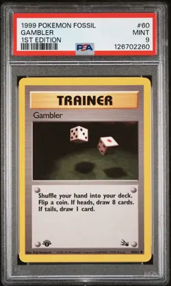 1999 POKEMON FOSSIL 1ST ED #60 GAMBLER PSA 9 - Image 1