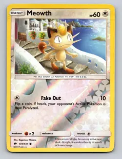 Meowth 101/147 Common Burning Shadows Pokemon Reverse Holo NM - Image 1