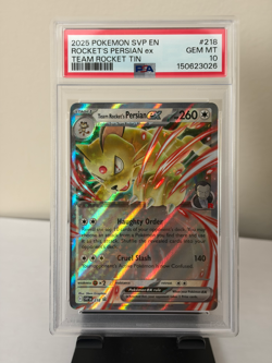 Pokemon Team Rocket's Persian ex 218 PSA 10 + 2025 Team Rocket Tin Promo - Image 1