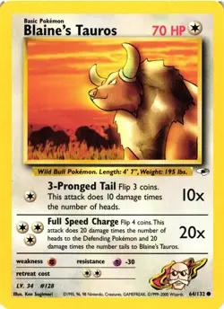 Pokemon TCG Gym Heroes Blaine's Tauros 64/132 Unlimited Common VLP - Image 1