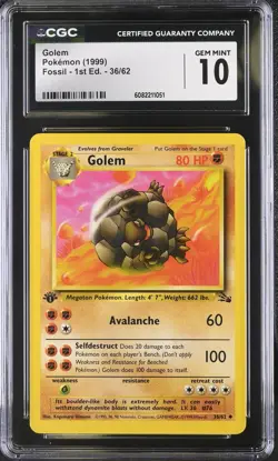 CGC 10 Golem 36/62 1st Edition Fossil Pokemon Card - Image 1