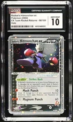 CGC 10 Rocket's Hitmonchan ex 98/109 EX Team Rocket Returns Holo (2004) *SWIRL* - Image 1