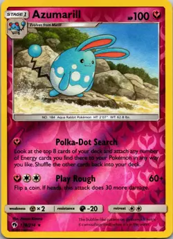 Azumarill 136/214 Rare Lost Thunder Pokemon Reverse Holo Near Mint - Image 1