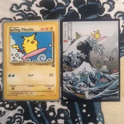 BLACK STAR SURFING PIKACHU + Ultra Rare Pokemon Center GREAT WAVE Sleeve - LP-NM - Image 1