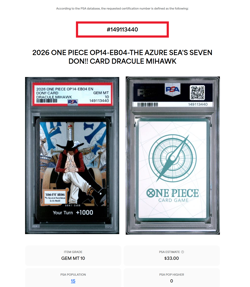 2026 ONE PIECE OP14-EB04-THE AZURE SEA'S SEVEN DRACULE MIHAWK DON!! CARD PSA 10 - Image 4