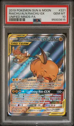 2019 POKEMON SUN & MOON UNIFIED MINDS FULL ART/RAICHU & ALOLAN RAICHU GX PSA 10 - Image 1